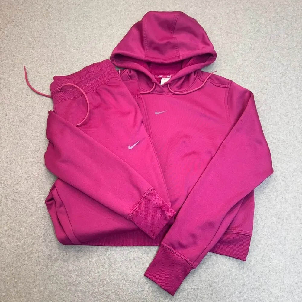 Nike Therma-FIT Fleece Matching Set Hot Fuchsia Pink Sweatshirt Joggers M Crop